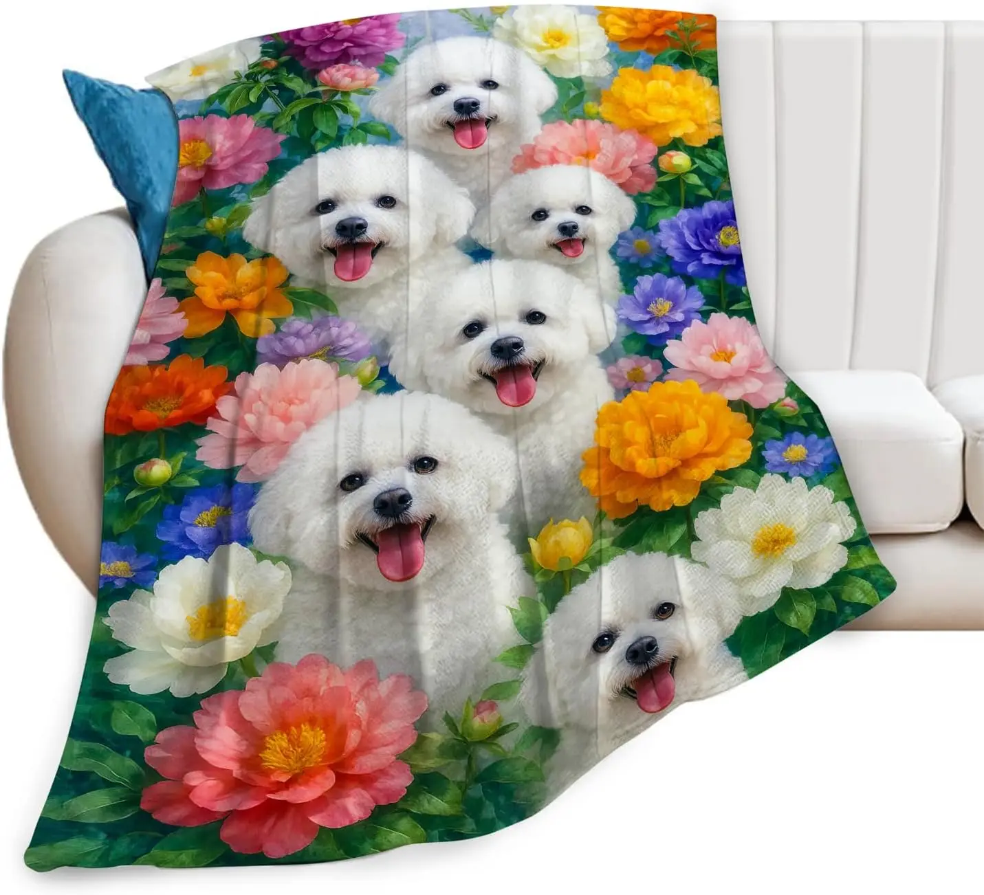 Bichon Frise Dog Blanket Floral Garden Design Cute White Dogs Soft Fleece Throw Pet Lover Gift Home Decor Cozy Bedding for Dog