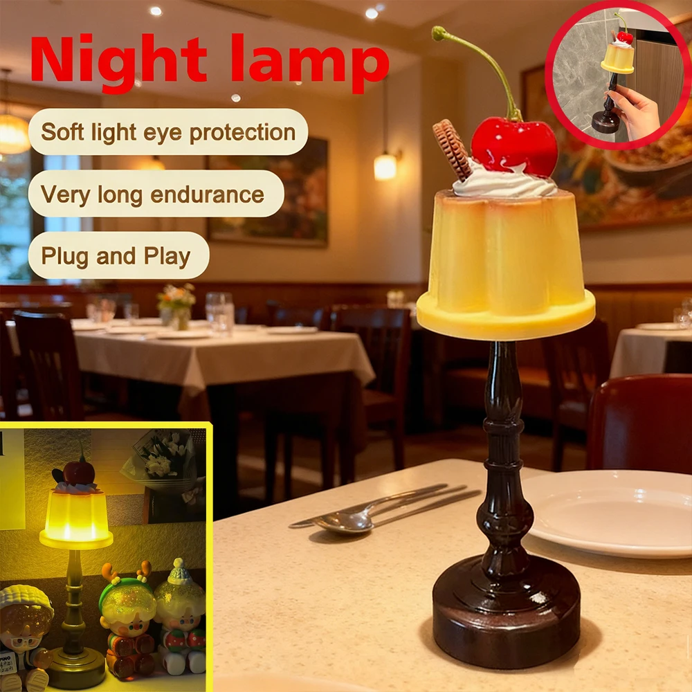 Luz nocturna de pudín Retro, luz decorativa de escritorio, lámpara de mesa LED para dormitorio con batería, luz para dormir junto a la cama, adecuada para regalo