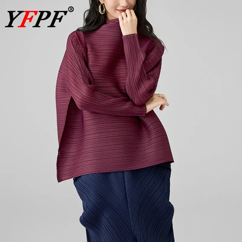 

YFPF Miyake плиссированная женская футболка, повседневная водолазка с длинным рукавом, свободный универсальный пуловер, топы, модная новинка 2023 года, одежда