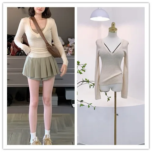 7162 Ballet elegante ~ otoño nuevo estilo de niña Pure Desire cuello en V profundo Top de punto ajustado de Cachemira suave