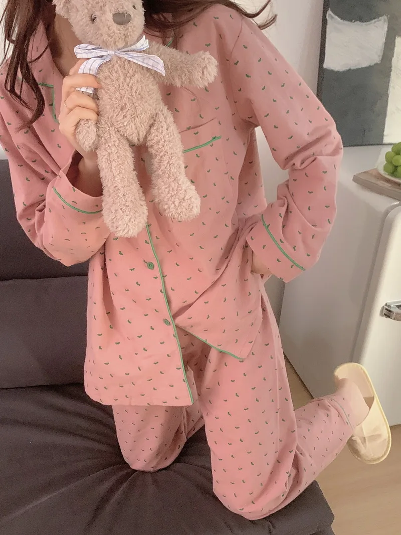 Korean Grass Print Autumn Pajamas Set Women Long Sleeve Cardigan + Trouser Soft Sleepwear Home Suit Nightwear Vintage Cotton