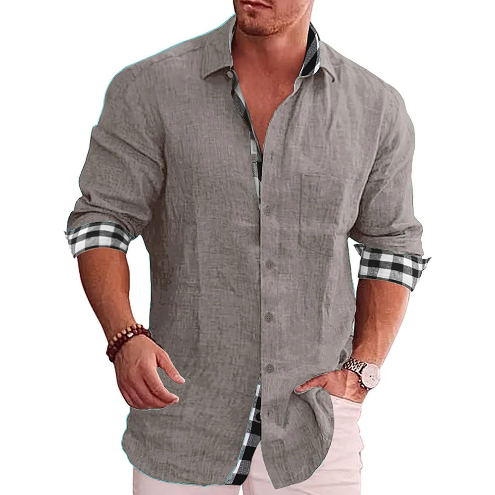 Men's Long Sleeve Linen Shirt with Contrast Plaid Inner Collar and Cuffs, Casual Button Down Top for Daily Wear