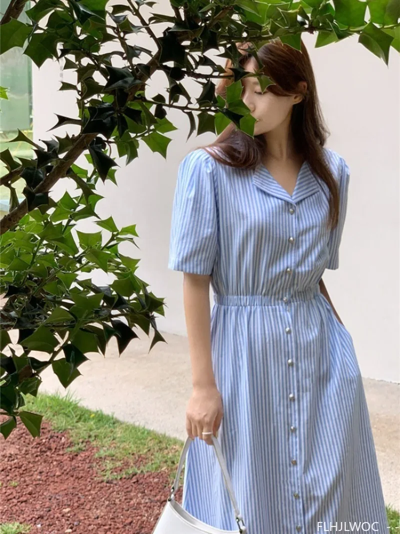 Baumwolle Leinen Feminine Vestidos Chic Korea Mode Kleidung Frauen Büro Dame Vintage Einreiher Taste Streifen Hemd Kleid