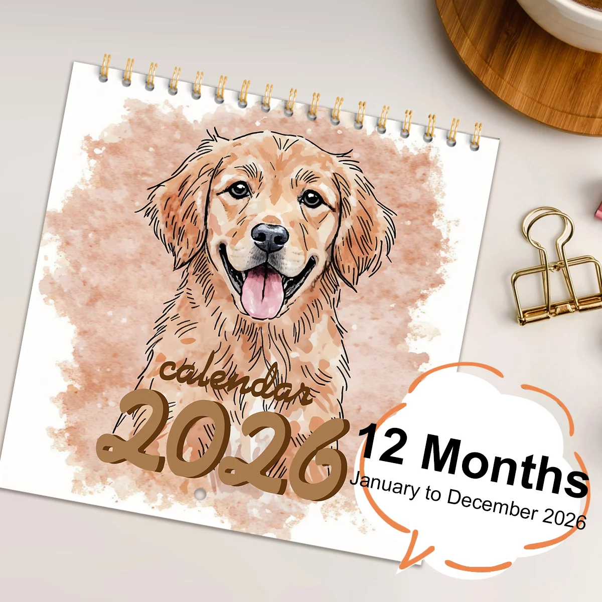 2026 Watercolor puppy Calendar - Premium Paper with Vibrant Colors Spiral Bound for Easy Hanging Perfect Gift Idea Monthly View