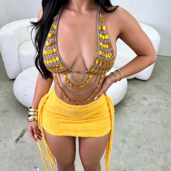 Bling Gold Blue Black Rhinestone Beaded Bra Chain Camis Tops Deep-v Neck Multi-layer Breast Jewelry Party Dance Show Corset Tops