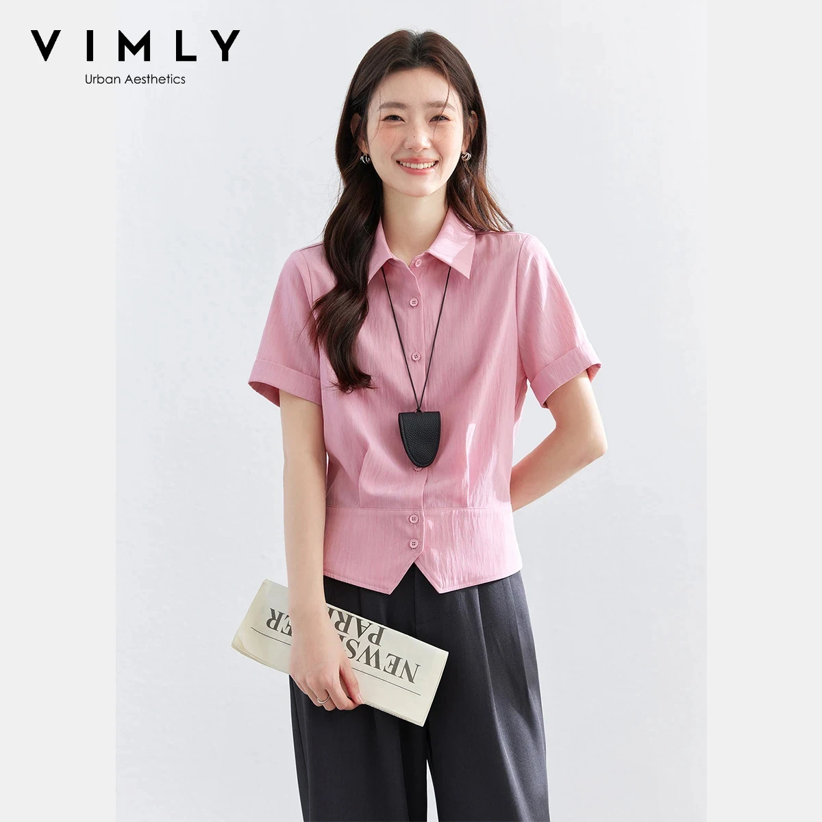

Женская легкая офисная блузка VIMLY розового цвета, новинка лета 2026, с асимметричным подолом, отложным воротником и коротким рукавом, модель A6338