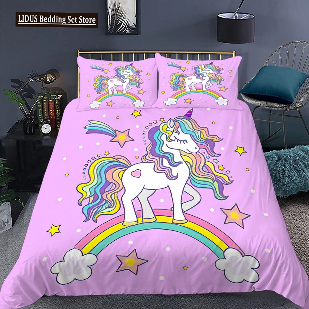 

Unicorn Duvet Cover Set King Queen Size Pink 3D Print Cute Unicorn Star Rainbow Cloud For Kids Girls Boys Polyester Bedding Set