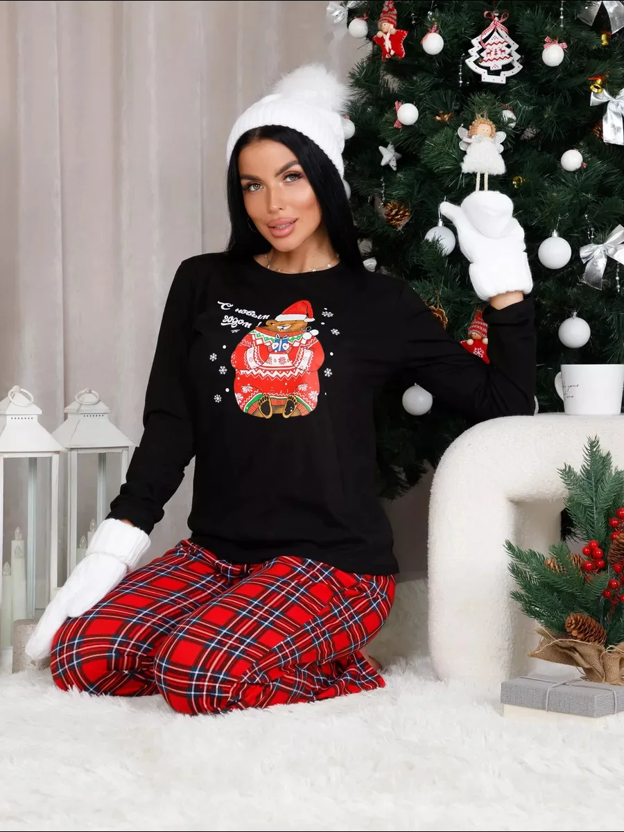 Women's Christmas Pajama Set Letters Print Long-Sleeve Tee And Plaid Long Pant Comfortable Sleepwear Fit Theme Event And Parties 4