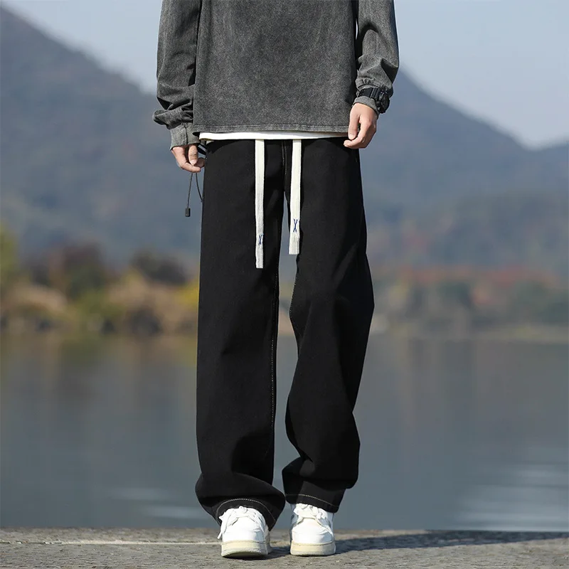 

Новые модные винтажные мужские однотонные повседневные модные свободные широкие прямые джинсовые брюки на шнурке, мужские потертые простые джинсы