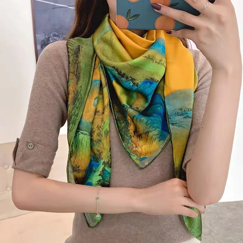 Yellow Green 100% Mulberry Silk Women\'s Scarf Bandana Fashion Chinese Style Square Scarves Hijabs Winter Brand Headscarf Foulard