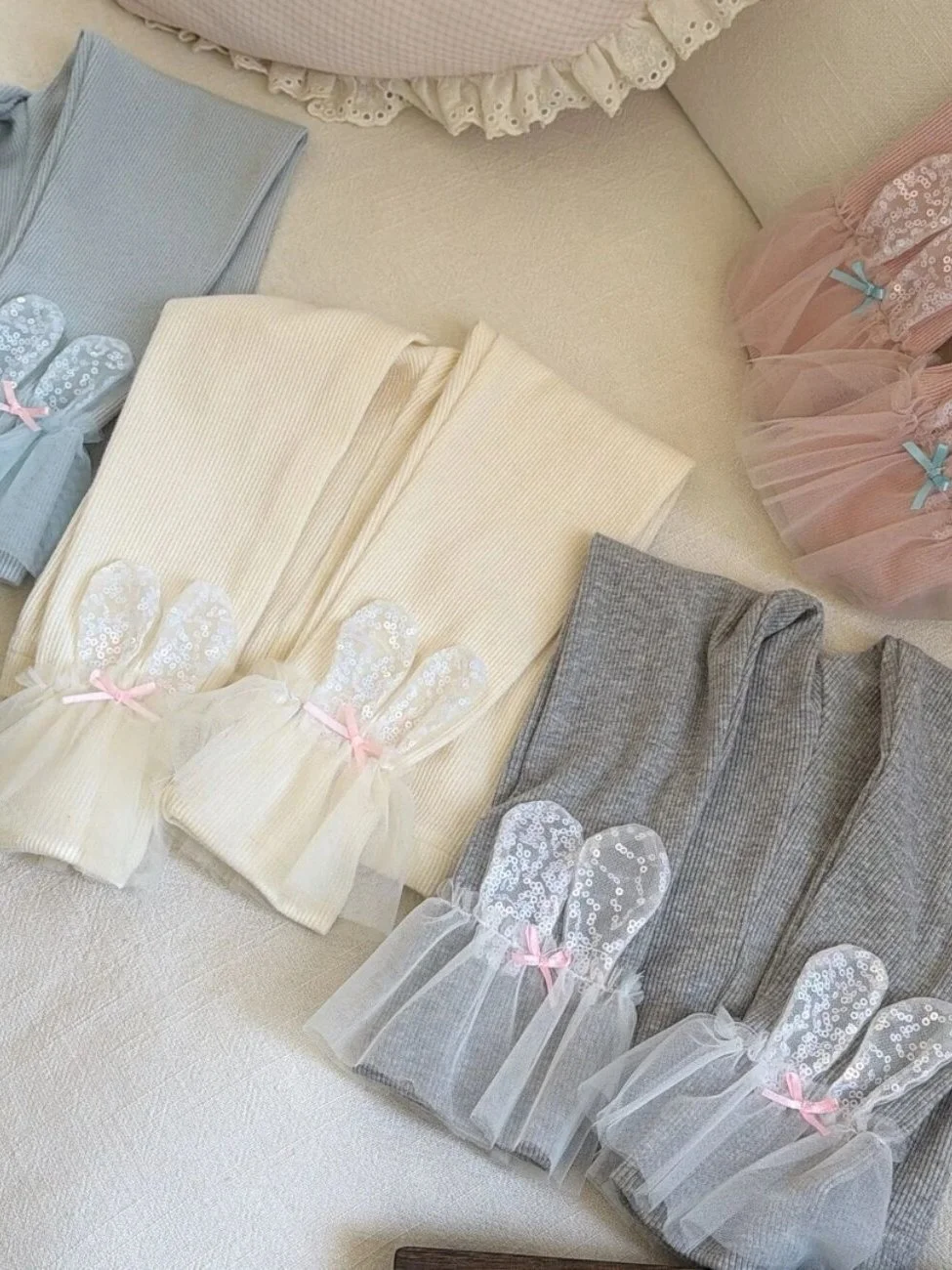 Girls Lace Trimed Slim Fit Long Pants Autumn Sweet Style Versatile Base Layer Pants High Waist Straight Leg Trousers