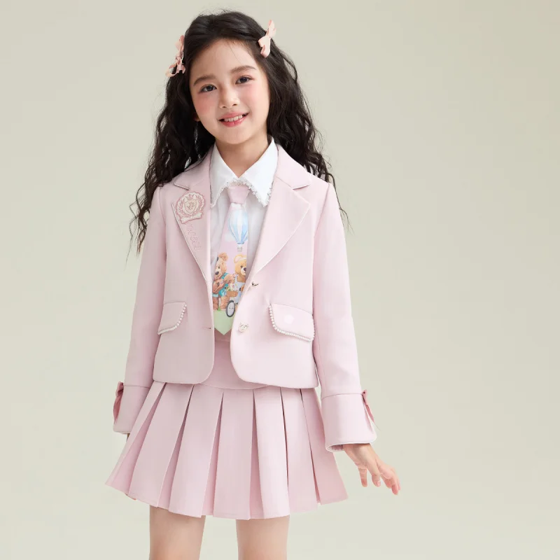 

Girls Spring and Autumn New Style Pink Blazer Pleated Skirt Fashion Two-piece Set