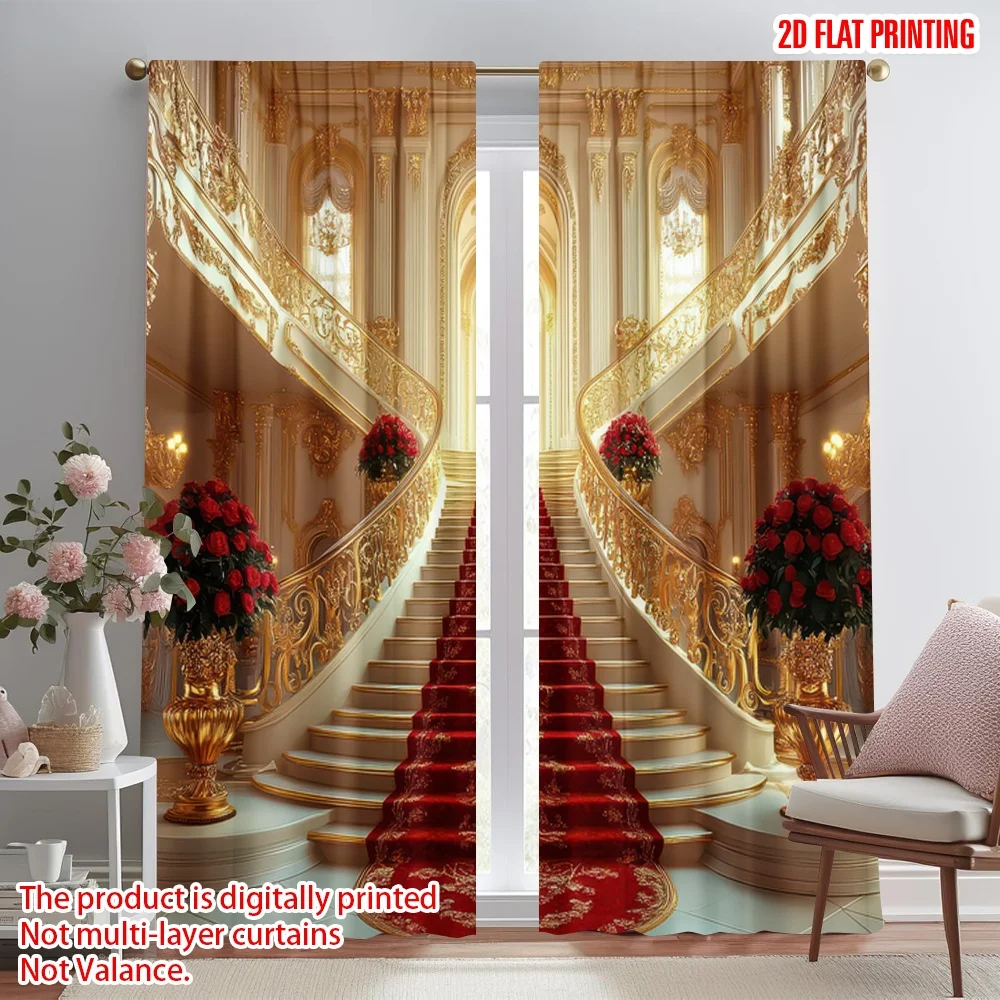 

2D flat printing 2pcs Scene Curtains Opulent Grand Staircase Digital Printed Polyester Drapes Festive Wall Decor Perfect for