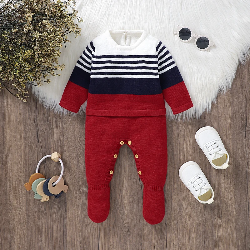 Newborn Baby Rompers Knitted Infant Girl Boy Jumpsuit Long Sleeve Autumn Toddler Kid Clothing Fashion Striped 0-9M Foot Wrapping