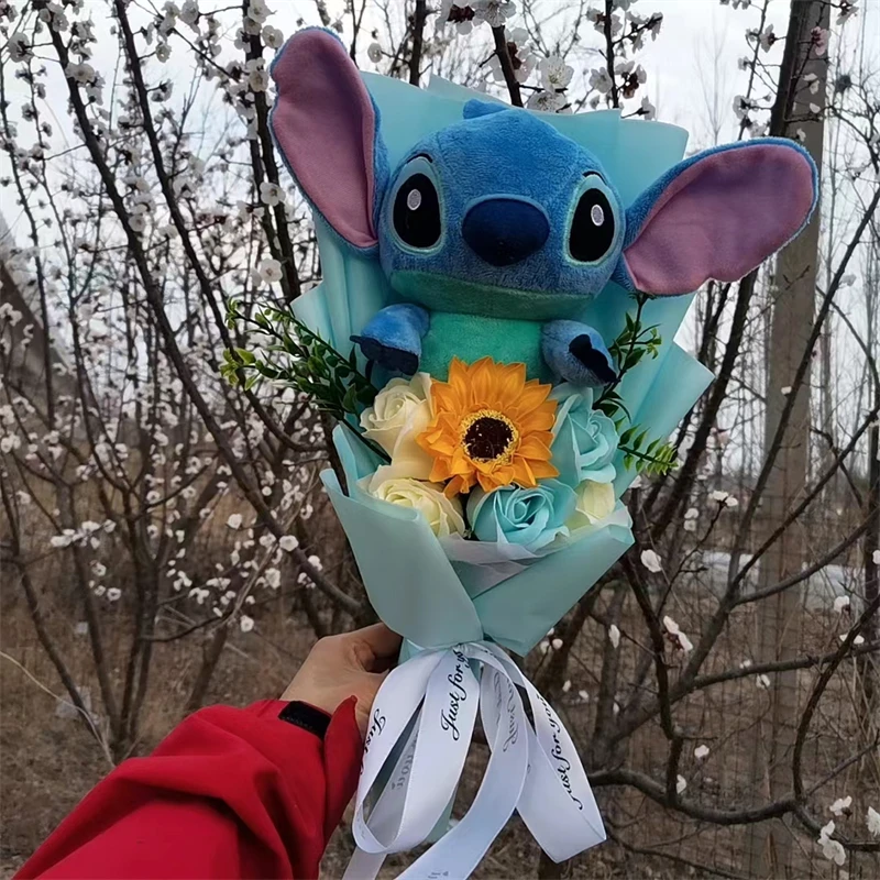 Anime Lilo & Stitch Plush Bouquet With Sunflower Soap Rose Flower Bouquet Cartoon Stuffed Valentine\'s Day Christmas Birthday Gif