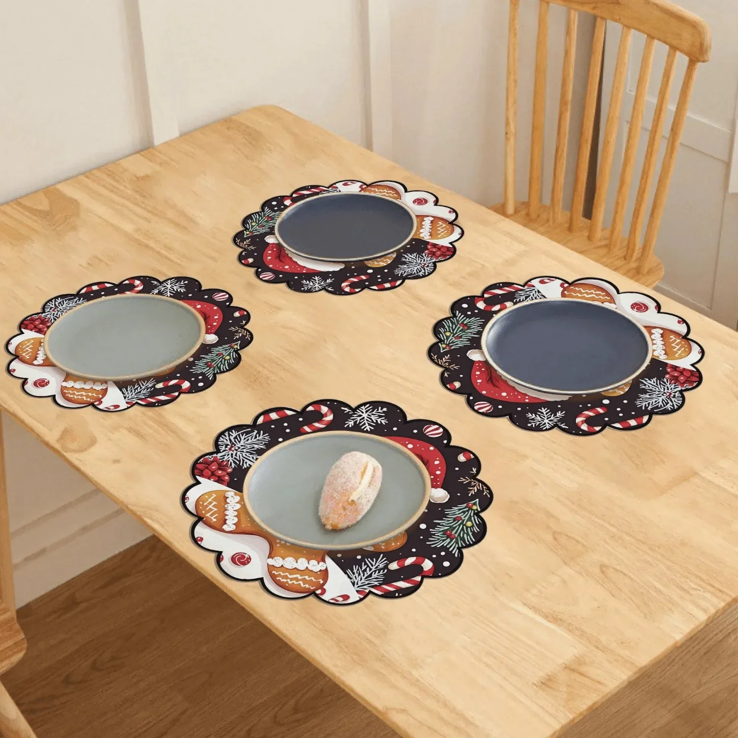 4 Stück Winter-Lebkuchen-Tischsets für Herren – runde, hitzebeständige Leinen-Tischsets mit Weihnachtsmütze und Schal-Design