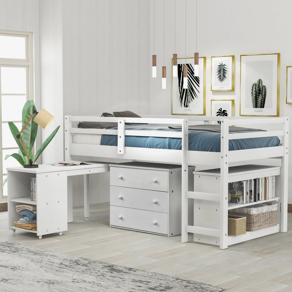 

Low Study Twin Loft Bed with Cabinet and Rolling Portable Desk - White (OLD SKU :LP000113AAK)