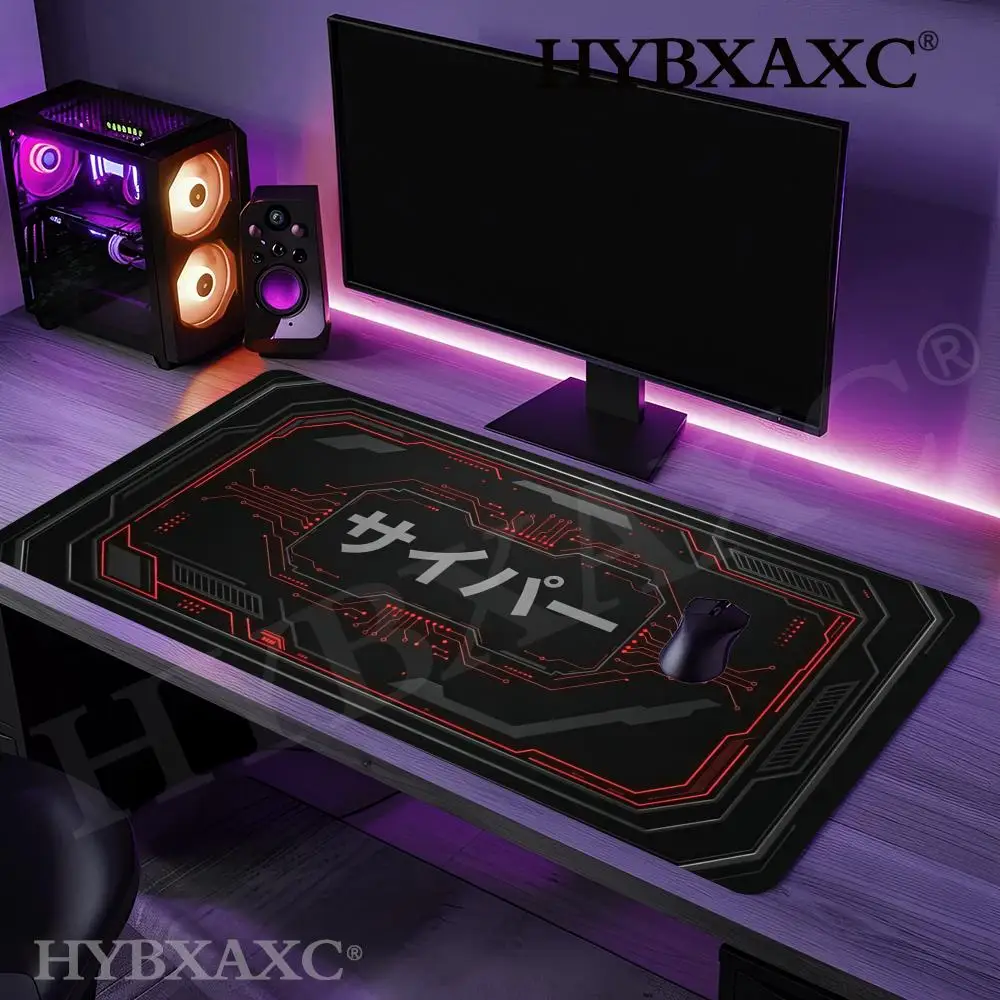 

HYBXAXC Red & Black Cyber Gaming Mousepad, Cyberpunk Desk Mat, Futuristic Sci-Fi Design, Cool Circuit Board, Kanji For Cyber