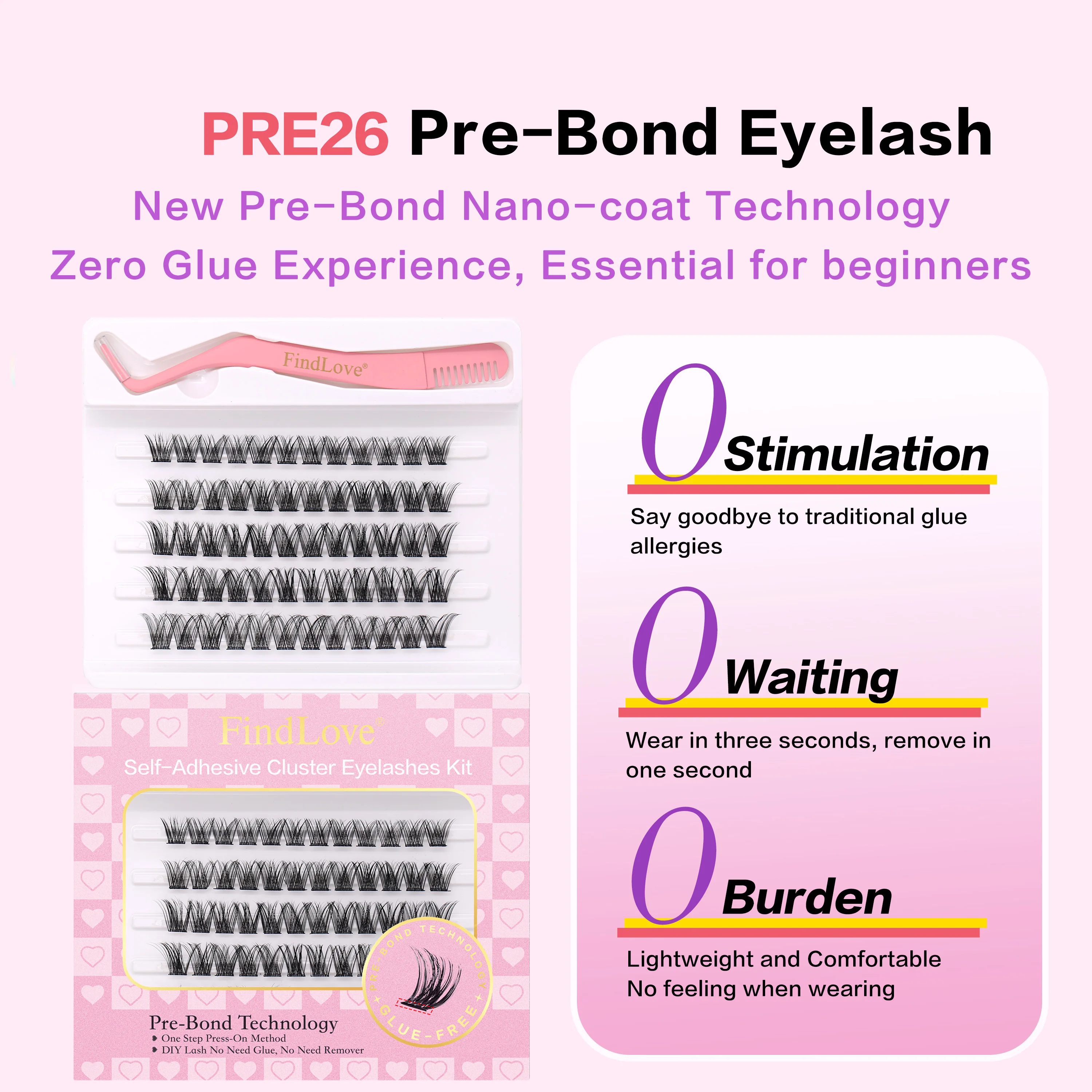 [No Glue Need] FindLove 60Pcs Glue Free Eyelashes C Curl 10-16mm Reusable False Eyelash Extension Set With Tweezer Natural Lash