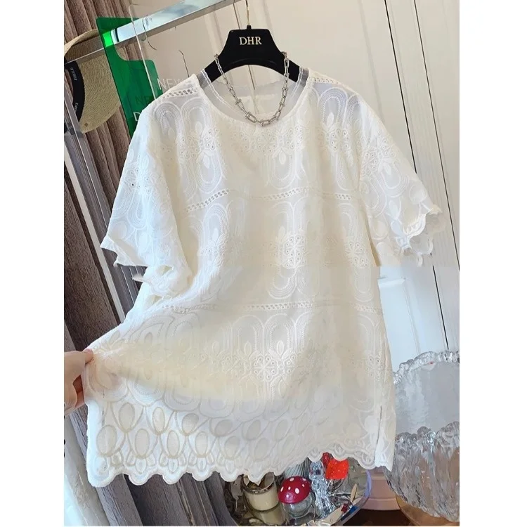 

Ele Embroidered Lace irt ort Sve T-irt Loose Women's Top with Summer Cotton Polyester Blend round Ne