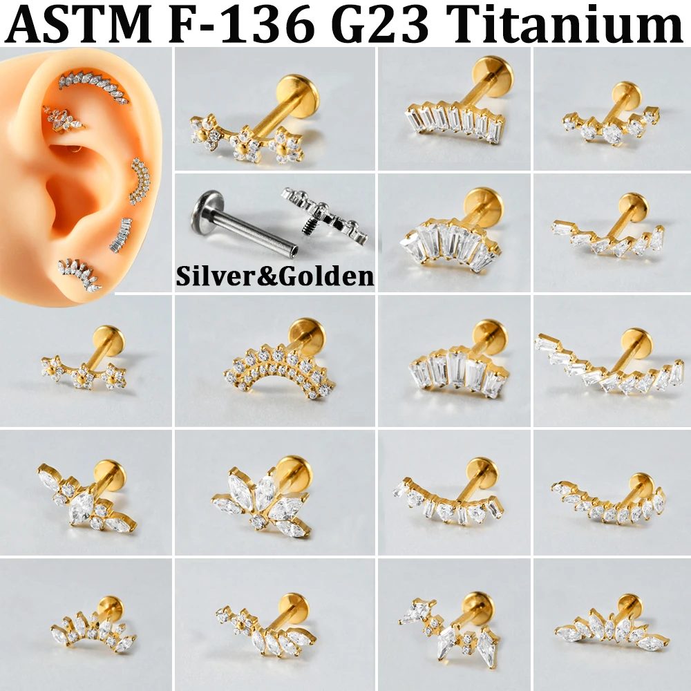 1PC G23 Solid Titanium Curved Zirconia Ear Cartilage Tragus Earring 16g Internal Threaded CZ Paved Moon Labret Daith Decoration