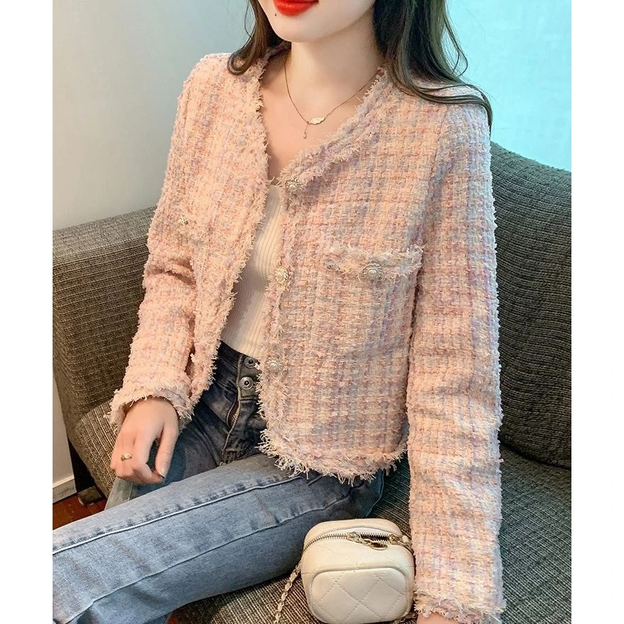 Nueva ropa de abrigo holgada y deshilachada de lujo, abrigo ort versátil para mujer, temporada de primavera, tela de Tweed