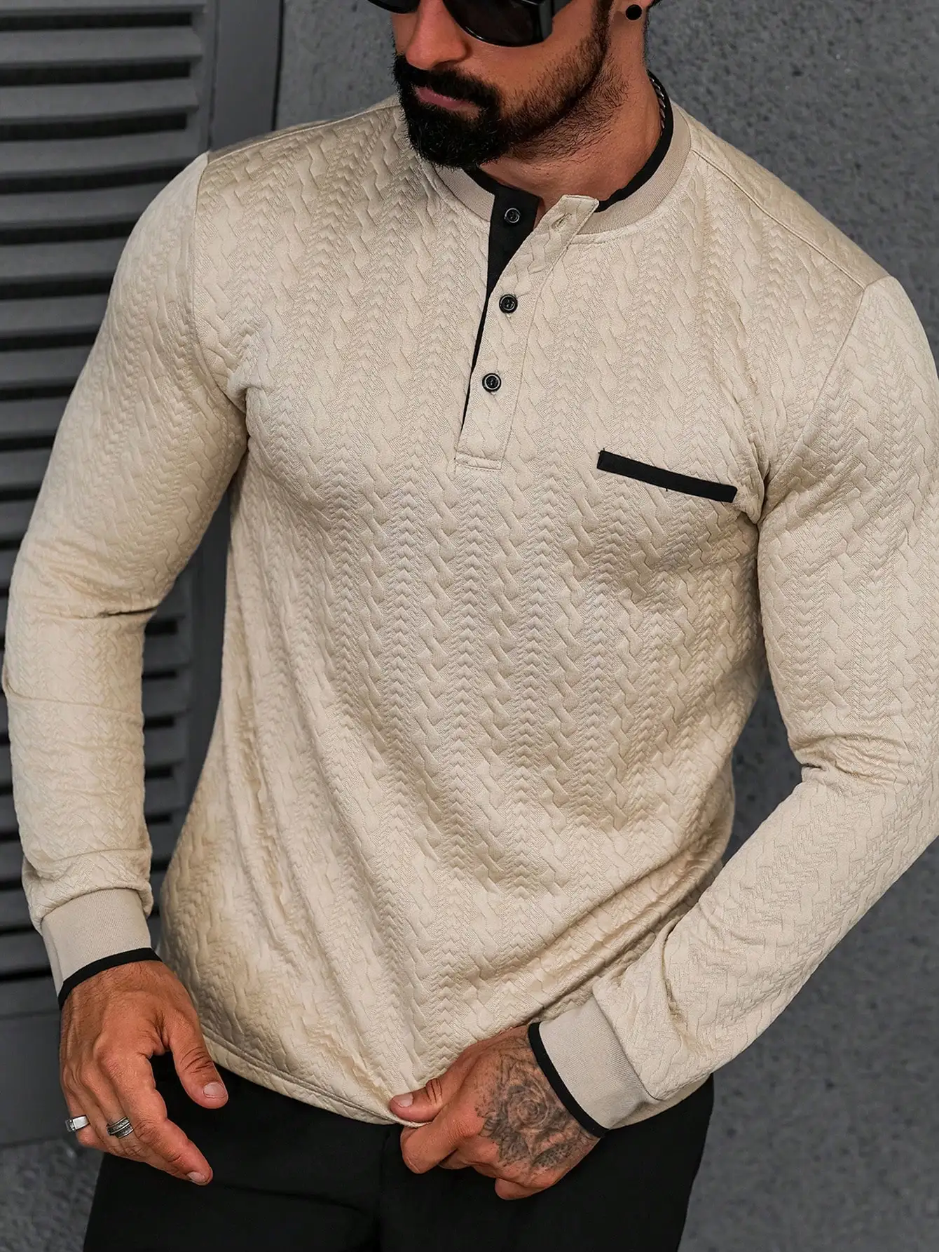

Men's Textured Chevron Pattern Long Sleeve Henley Shirt with Contrast Trim