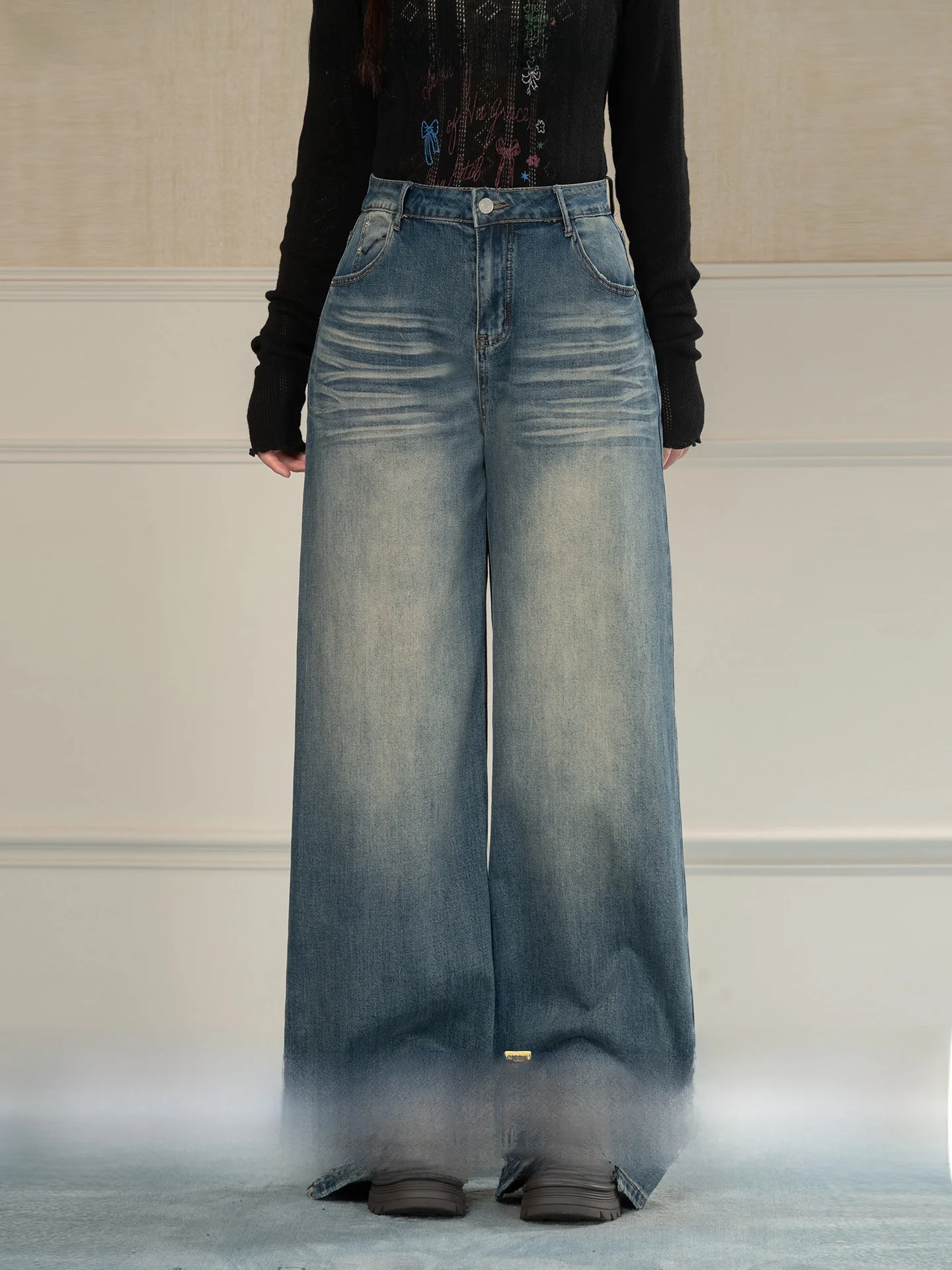 

Heynew Retro Blue Straight Leg Commuter Jeans High Waist Hiding Hip plus Size Women's Spring Summer Slimming Long Trousers