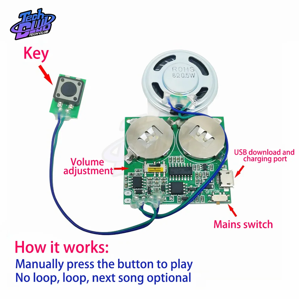 Módulo de Som Gravável Controlo de Botões 8m Mp3 Wav Música Voice Player Placa Programável com Altifalante Kit Diy