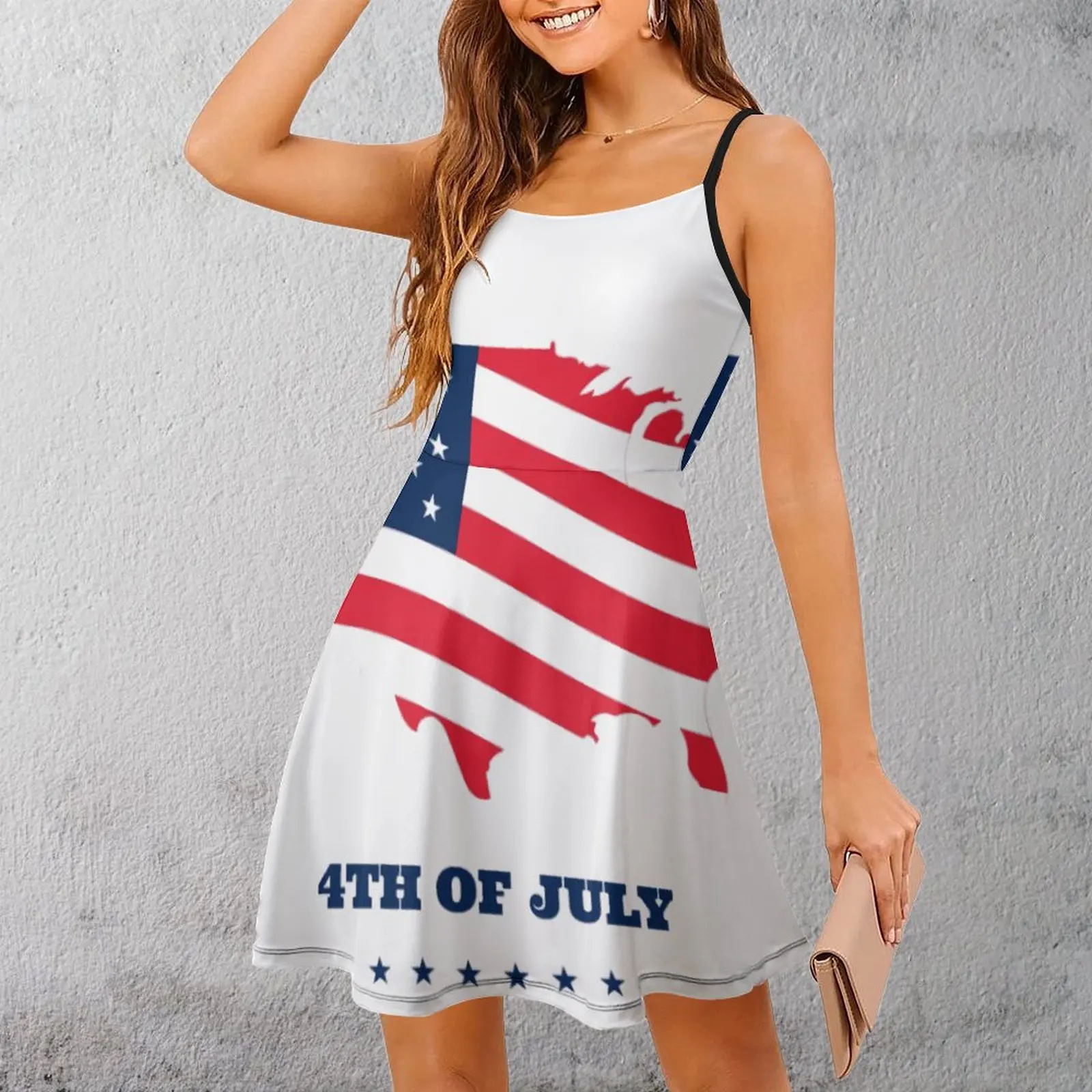 

Exotic US Map on US Flag with The Independence Date - 4th July Women's Sling Dress Novelty Vacations Woman's Clothing Dresses T