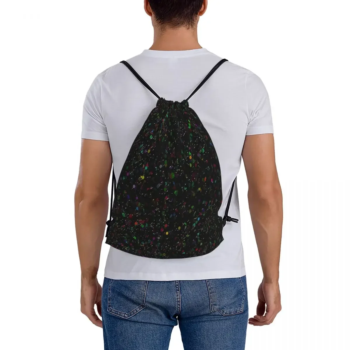 GLITTER-Mochilas casuais portáteis para homem e mulher, sacos de cordão preto, bolso para pacotes, bolsa para a escola