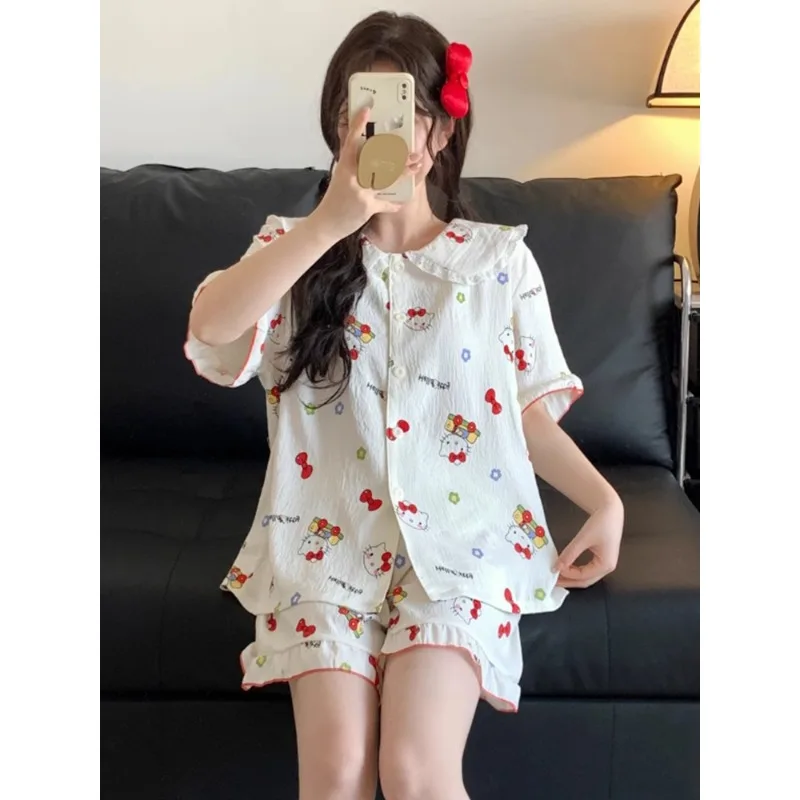 

Летние пижамы Hello Kitty, женская милая домашняя одежда с героями мультфильмов, одежда для сна с кружевной отделкой и короткими рукавами, удобная ночная рубашка для девочек