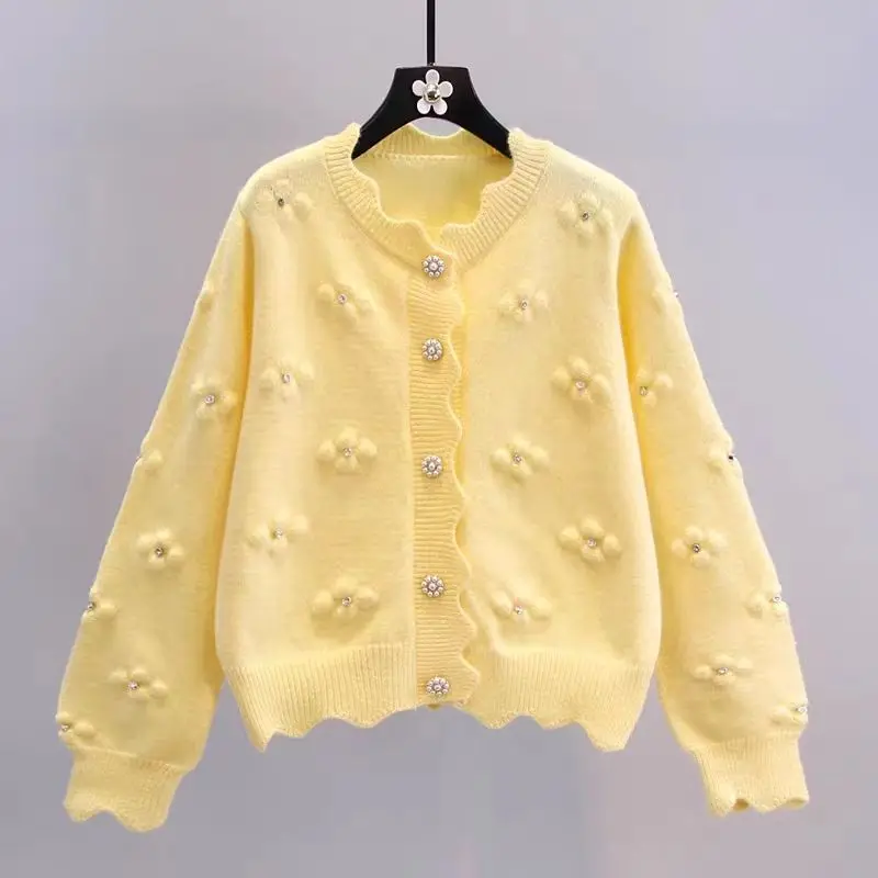 Rural style knitted sweater jacket  Flower sweater Yellow cardigan Academy style top women clothing Solid color slim fit sweater