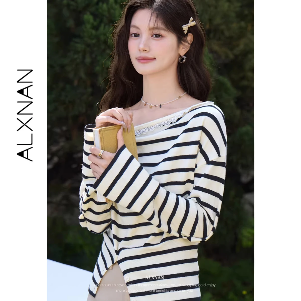 

Женские вязаные пуловеры ALXNAN с асимметричными полосками, в французском стиле, с диагональным воротником и кружевными вставками, весна 2026, элегантные топы L62020