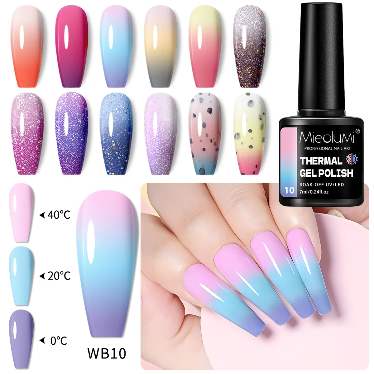

12PCS Thermal Color Changing Gel Nail Set, Heat-Activated Pastel Rainbow UV Gel, 28+ Days Gloss Long Lasting, DIY Salon Manicure