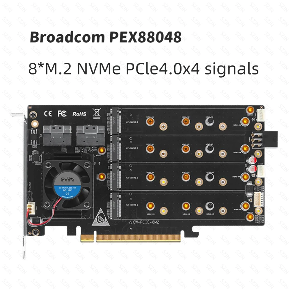 

П ‌ Карта расширения CIE с 8 отсеками NVMe PEX88048 Контроллер PCIe 4.0 Двойные порта SFF-8654 8 слотов M.2 NVMe Не требуется драйвер