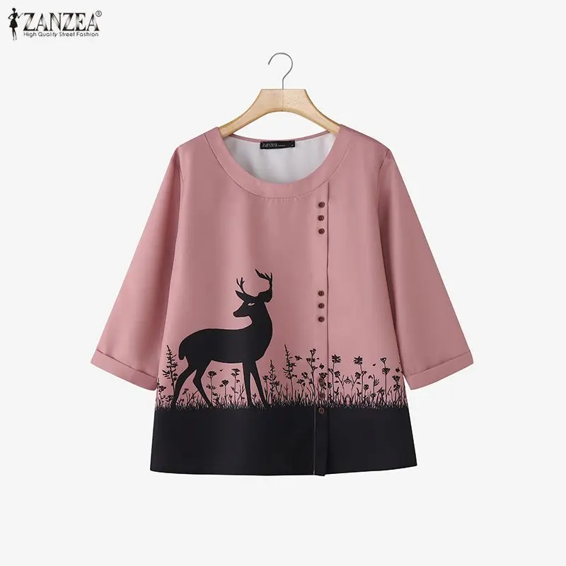 ZANZEA Camicette con maniche a 3/4 da donna casual Primavera Estate O-Collo Cartoon Deer Stampa Bottoni Top Abbigliamento quotidiano Abbigliamento donna 3XL