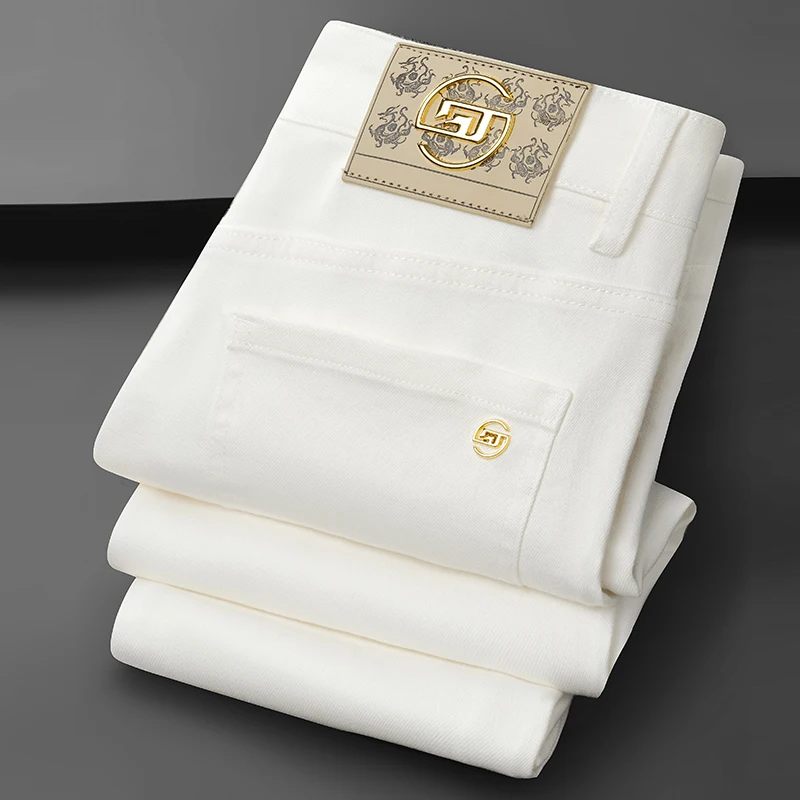 

Мужские модные эластичные джинсы из денима, трендовые брюки прямого кроя, средняя посадка, повседневный стиль, деловой и повседневный образ