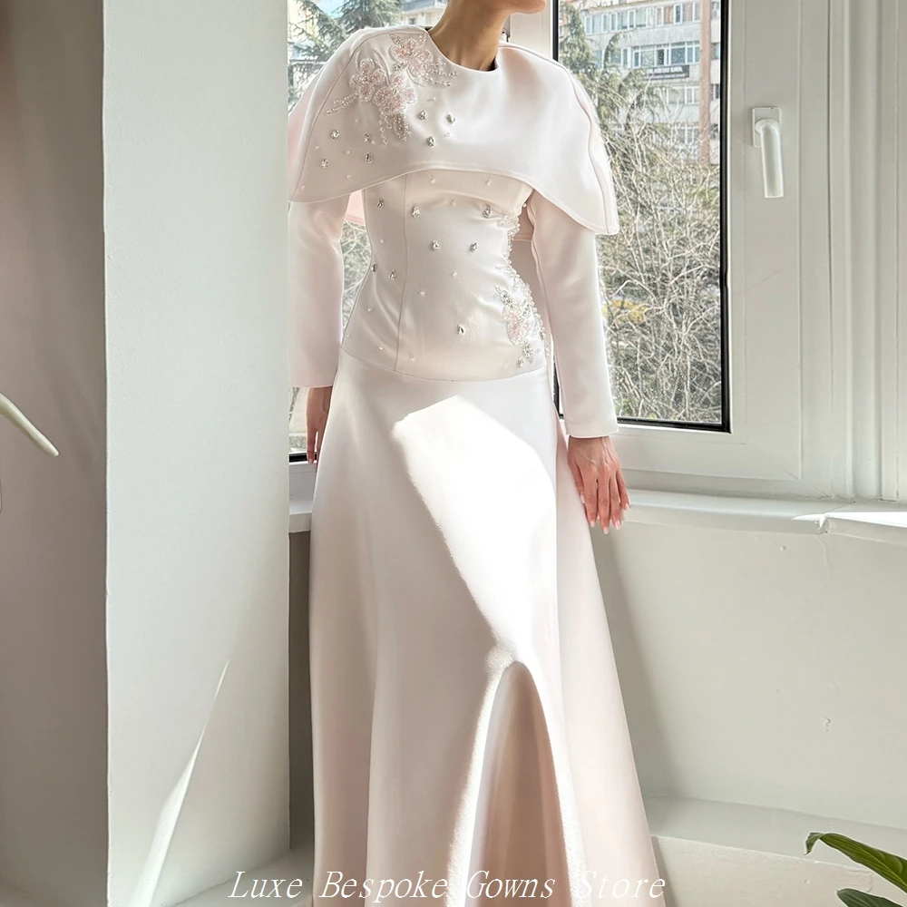 

Women's A-line Evening Dresses Floor-length O-neck Full Sleeve Prom Dresses Fashion Crystal Flowers Stole Customized Gowns