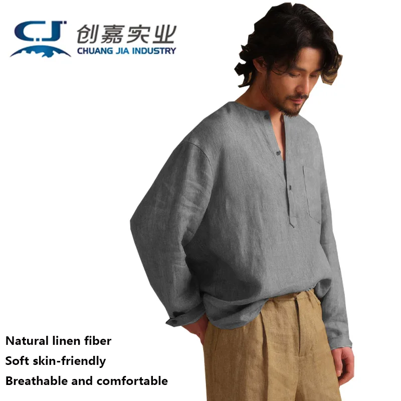 

Linen Spring Summer Men's Long-sleeved Shirt Crewneck Pullover T-shirt Brown Loose Large Size 3XL Fat 100KG High-end Clothing