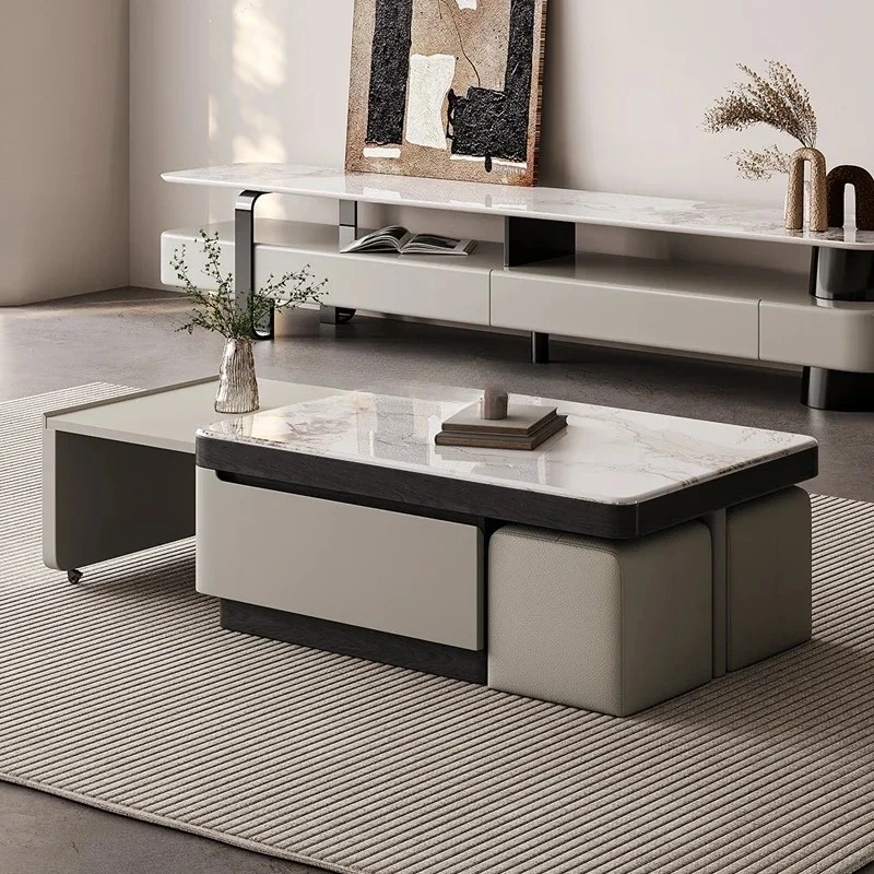 

Vintage Style Extendable Coffee Table with Stool for Small Apartments, Italian Minimalist Modern Simple Creative Design