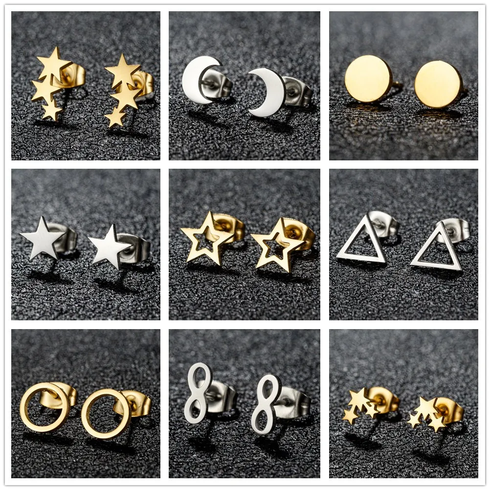Stainless Steel Moon and star Earrings For Women Small geometric Ear Studs Jewelry Wedding Party Gifts For Best Friends