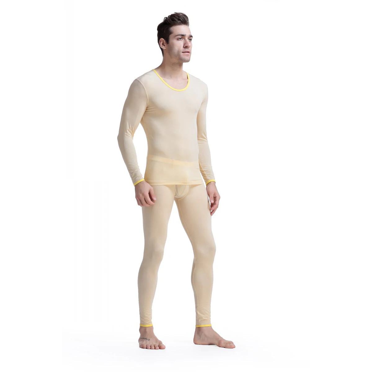 CLEVER-MENMODE Long Johns Men Thermal Underwear Set Ice Silk Long Sleeve Keep Warm Slim Ultra Thin Undershirt Pants Tops Bottoms