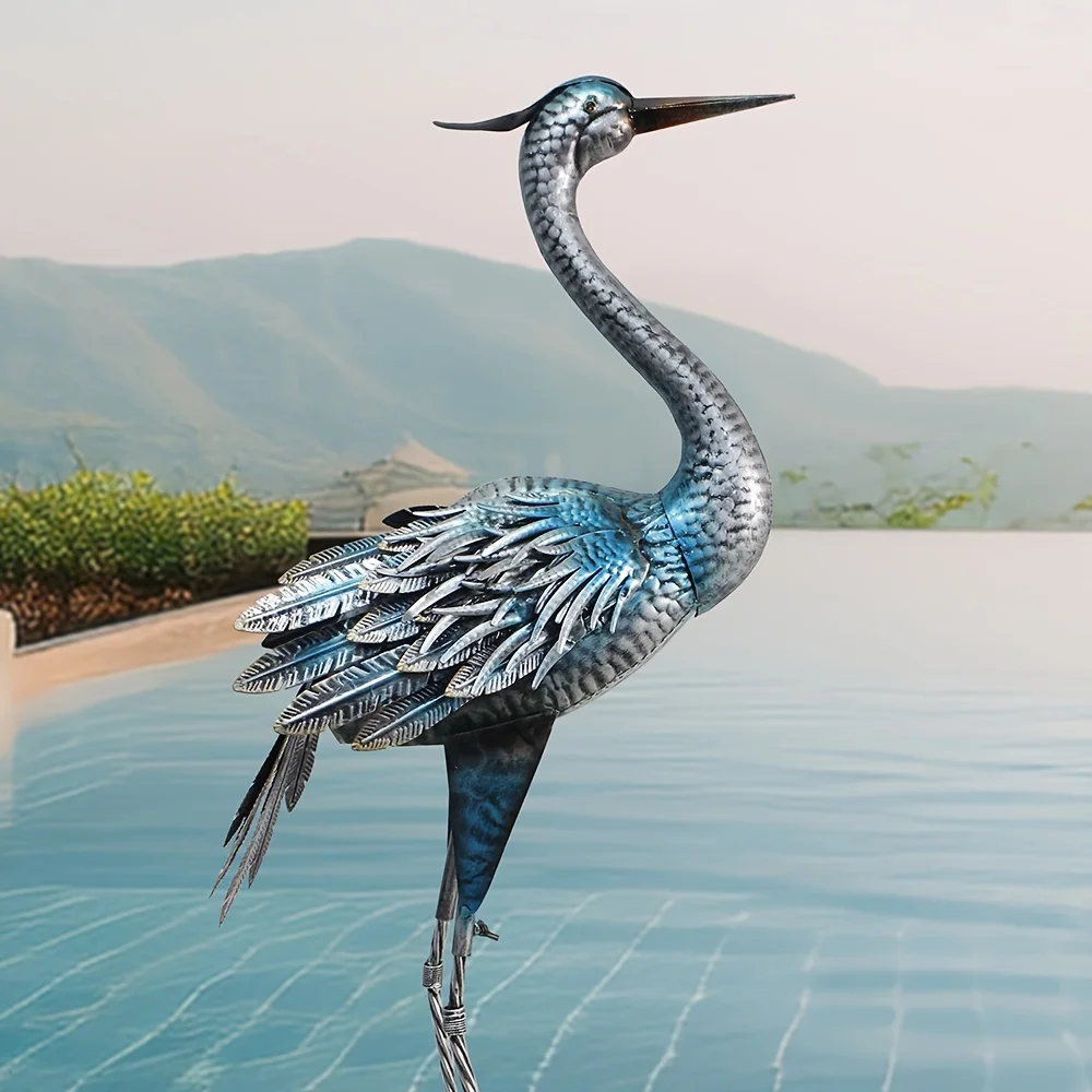 Elegant Blue Heron Metal Garden Statue - 40