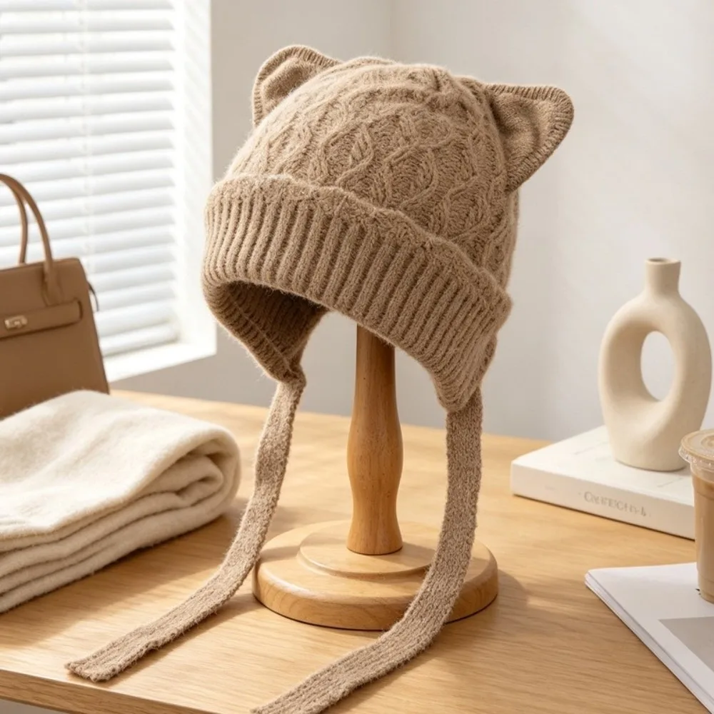 Korean Style Windproof Cat Ear Knit Hat 3D Cat Ear Skin Friendly Soft Beanie Warm Knitted Stretchy Fit Head Cover Outdoor