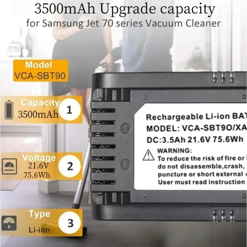 

3500mAh 21.6V Replacement Battery for Samsung JET70 Vacuum Cleaner, Compatible with VS15T7032P4 VCA-SBT90E.