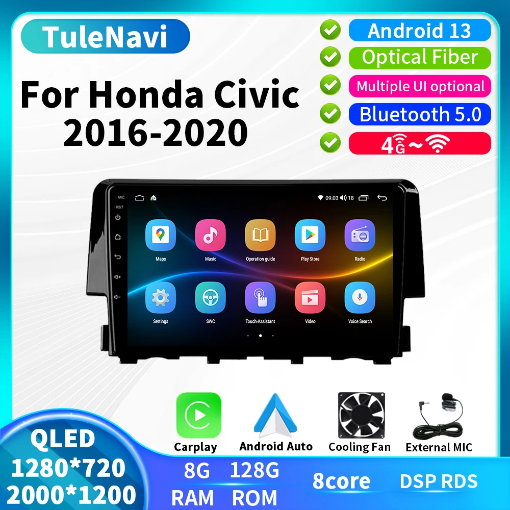 For Honda Civic 2016 2017 2018 2019 2020 Multimedia Video Player Stereo Car Navigation GPS Radio Auto Carplay Android 13 WIFI 4G