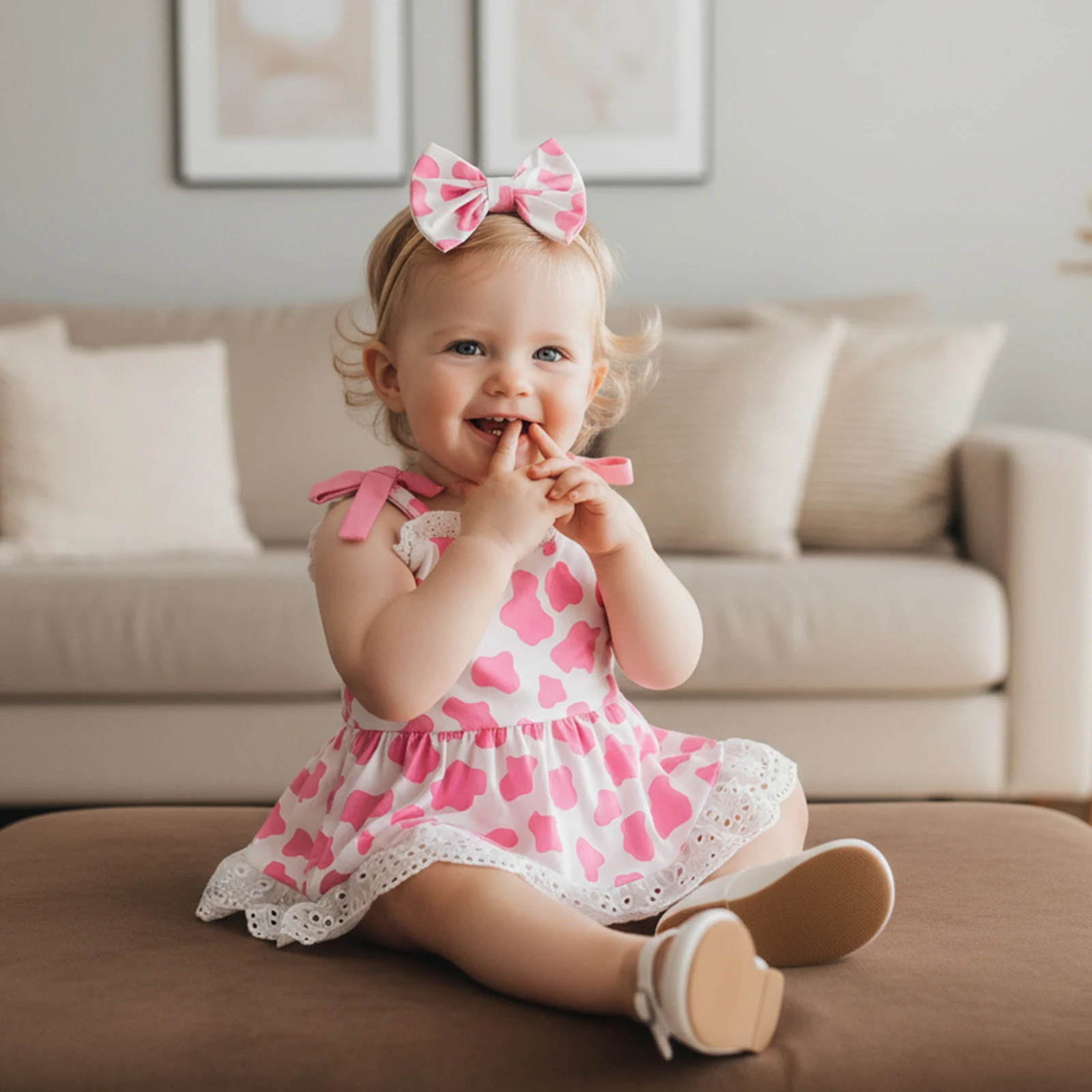 Newborn Baby Girl Western Romper Dress Cow Spot Print Bow Ruffle Trim Cami Jumpsuit Casual Summer Clothes