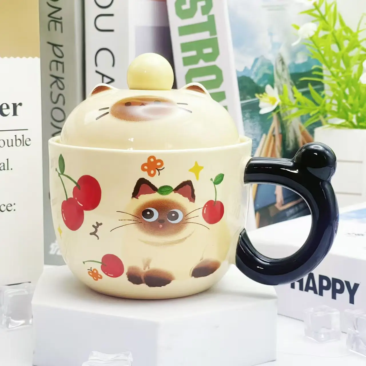 

Cute Siamese Cerc Mugs with Lid Spoon Office Ladies Home Coffee Breakfast Cup Birthday Gifts 380ml Adult Crystal