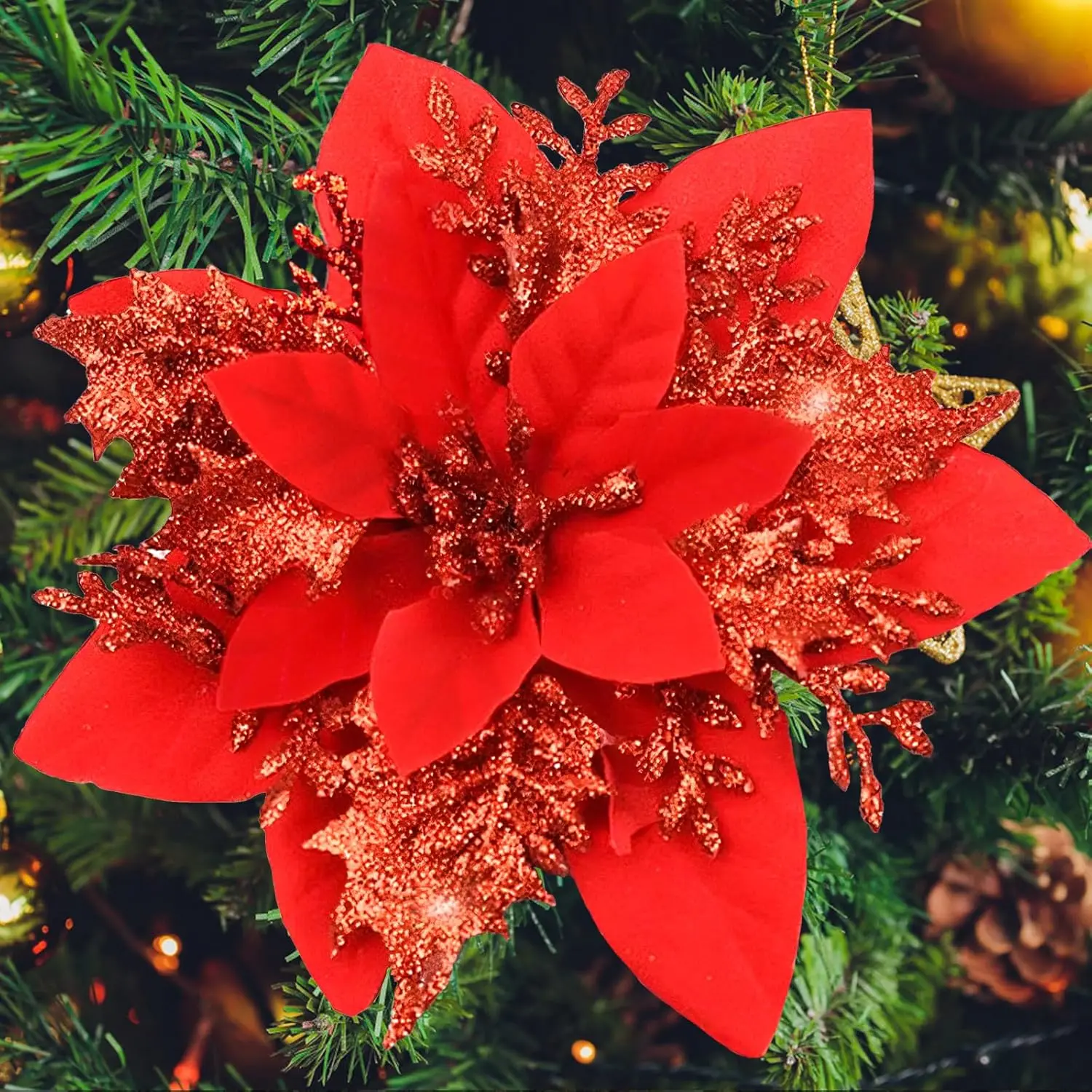 

30 Pcs Red Artificial Poinsettias with Clips, 5.5' Glitter Christmas Flowers for Tree, Wreath, Garland – Holiday Home Decor